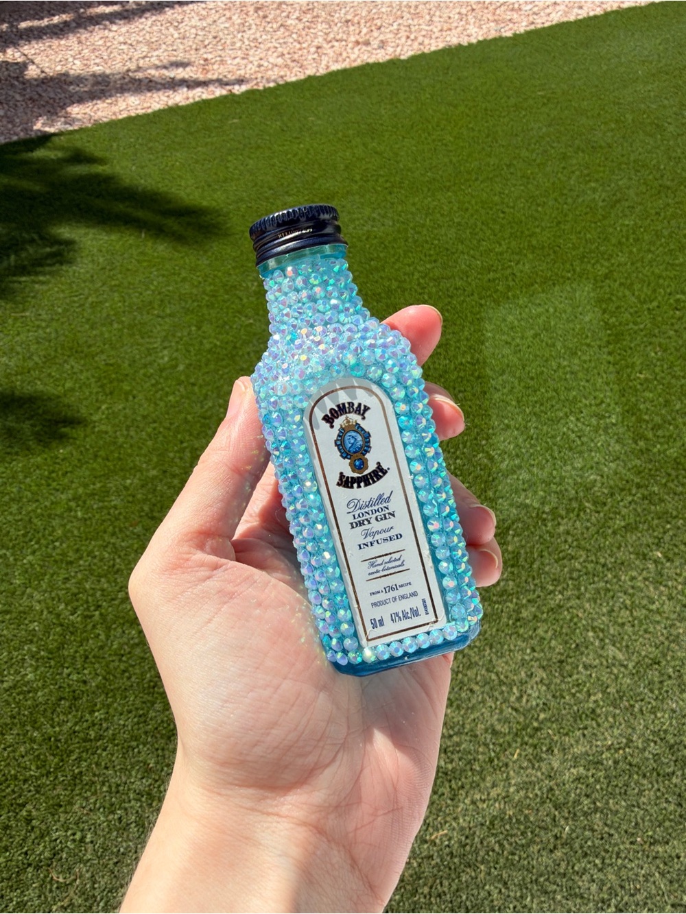 Handcrafted Bedazzled Bombay Sapphire mini bottle (empty)